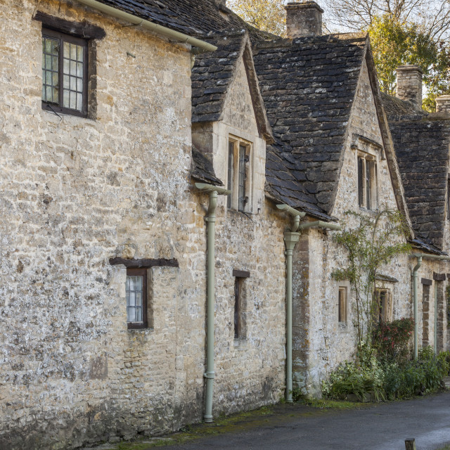 "A row of medieval houses at Arlington Row, Bibury in Gloucestershire." stock image