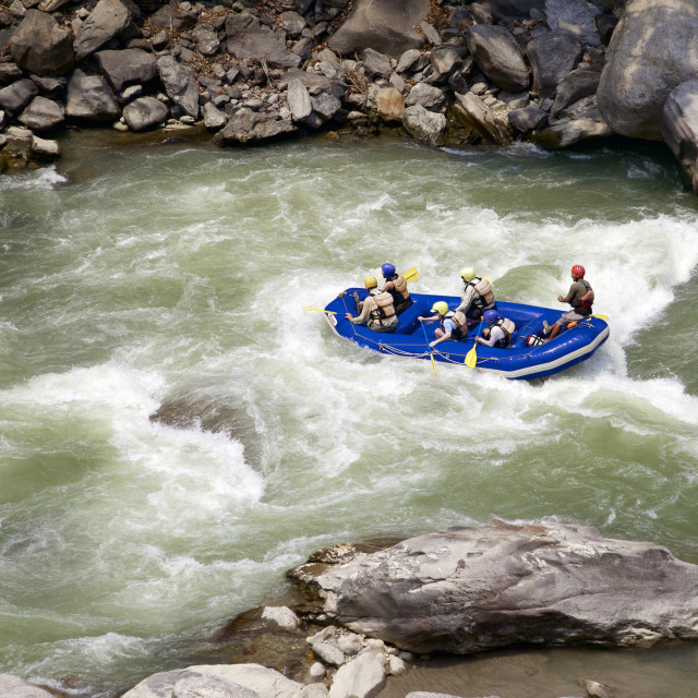 "Whitewater rafting on Bhote Koshi river, Nepal, Asia" stock image