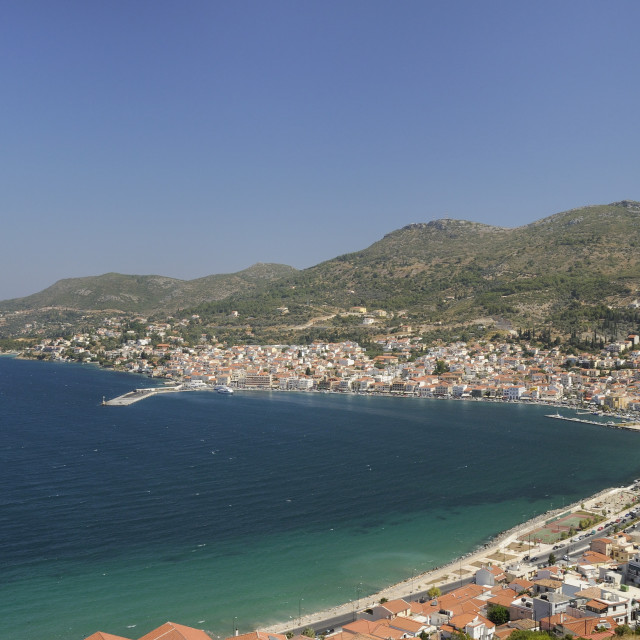 "View over Samos harbour and town, Isle of Samos, Eastern Sporades, Greek..." stock image