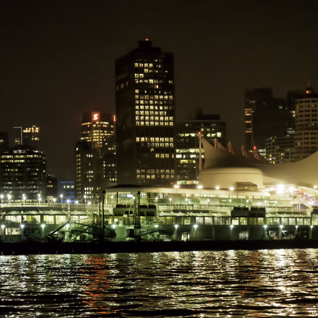 "View of Vancouver from water at night" stock image