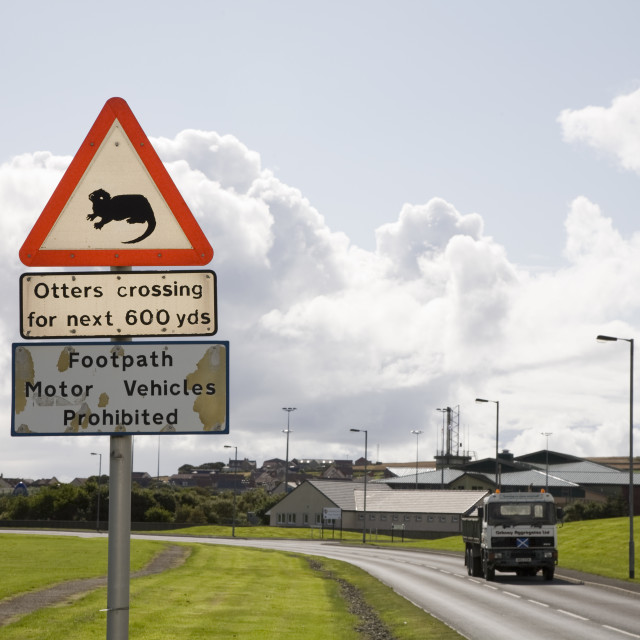 "Schild "Vorsicht Otter kreuzen" am Stadtrand von Kirkwall" stock image