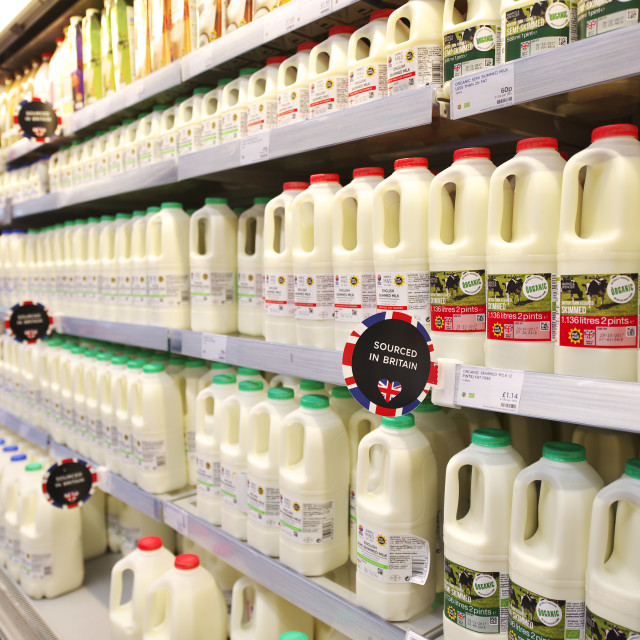 "British milk for sale in UK supermarket" stock image
