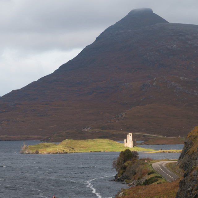 "Sunlight hitting Ardvreck Castle" stock image