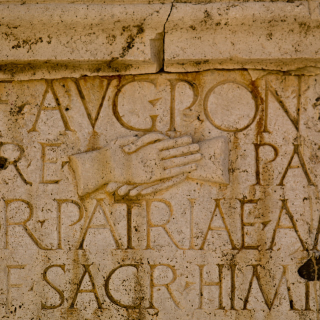 "Inscription at one of the gates at the Theater at Leptis Magna, Libya" stock image