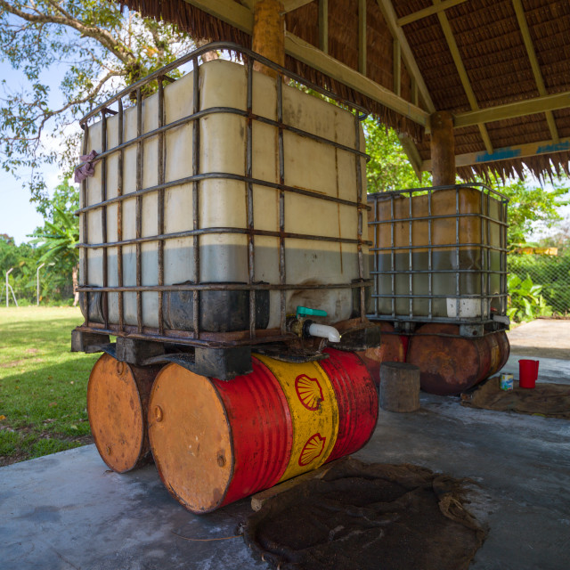"Coconut oil barrels produced as an alternative fuel energy, Espiritu Santo,..." stock image