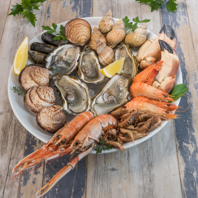 "Fresh seafood platter with lobster mussels and oysters" stock image