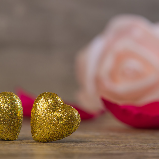 "Valentines Day background with two golden hearts" stock image