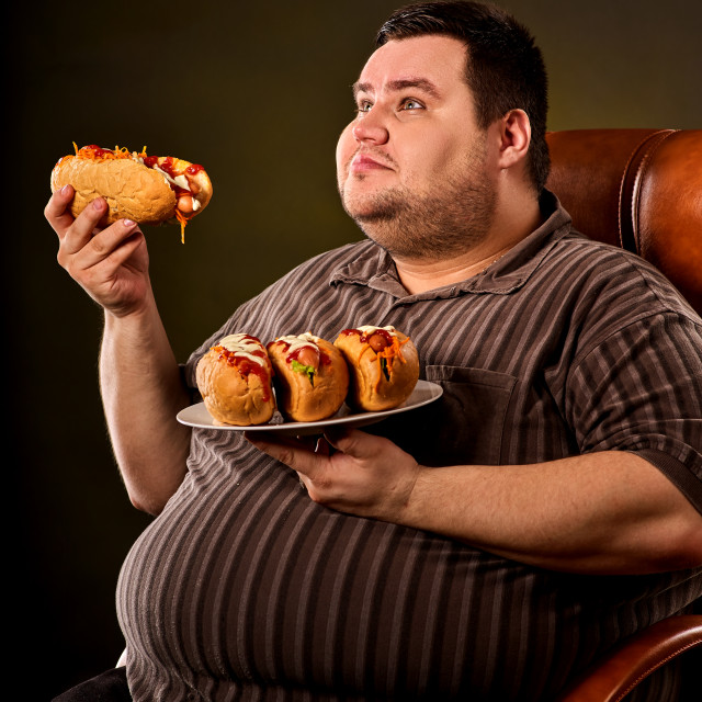 Fat Man Eating Fast Food Hot Dog Breakfast For Overweight