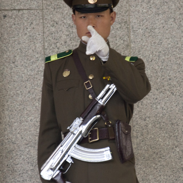 "North Korean guard with a silver kalashnikov at the entrance of the..." stock image