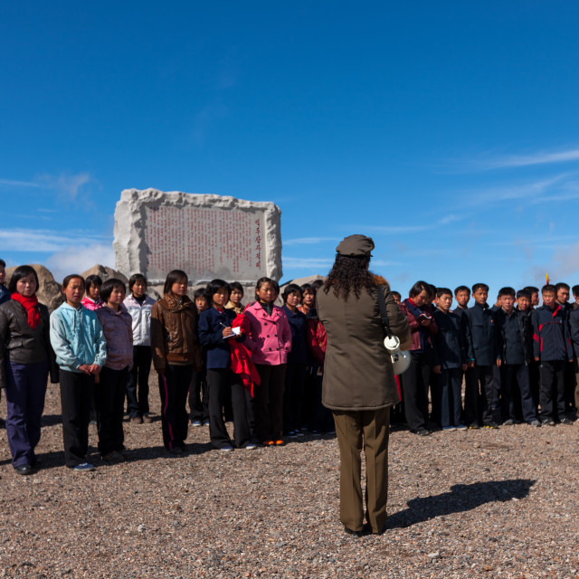 "North Korean students at the top of mount Paektu, Ryanggang Province, Mount..." stock image
