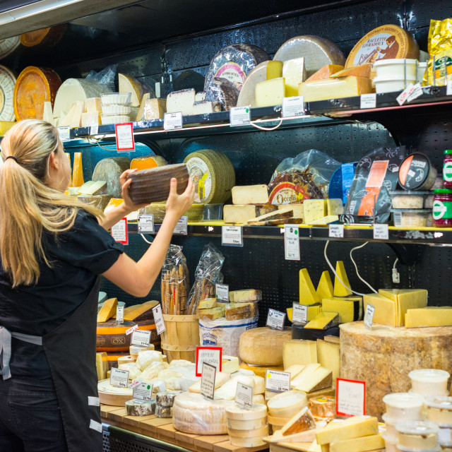 "Cheese for sale at Adelaide Central Market, South Australia." stock image