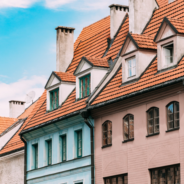 "Riga Latvia. Mansard Tile Roof With Four Gable Fronted Dormer Windows On Old..." stock image