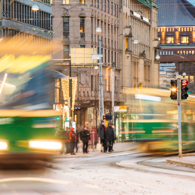 "Abstract Background Photo With Tram Departs In Motion Blur From A Stop On..." stock image