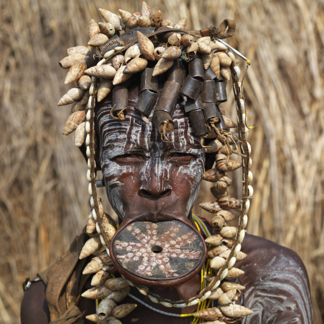 "Decorated Clay Disc In Lip Shell Hairdress Mursi Woman Ethiopia" stock image