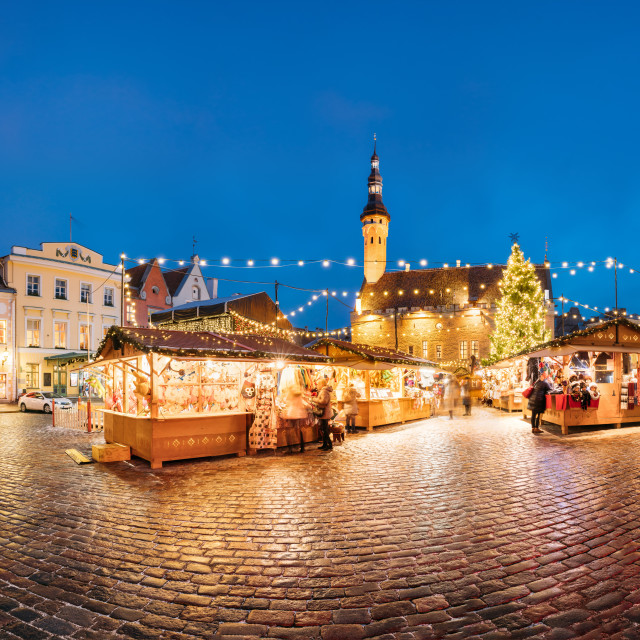 "Christmas Market On Town Hall Square In Tallinn, Estonia. Christmas Tree And..." stock image