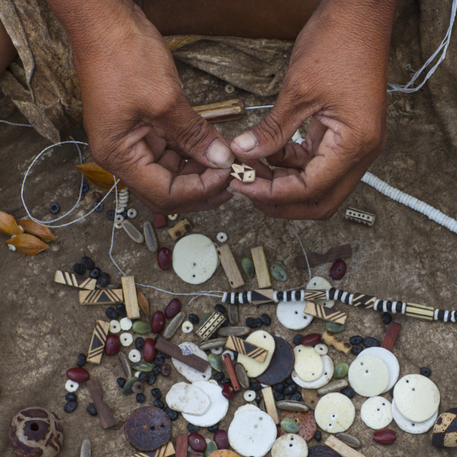 "Bushman Women Making Necklaces With Ostrich Egg Shell, Tsumkwe, Namibia" stock image