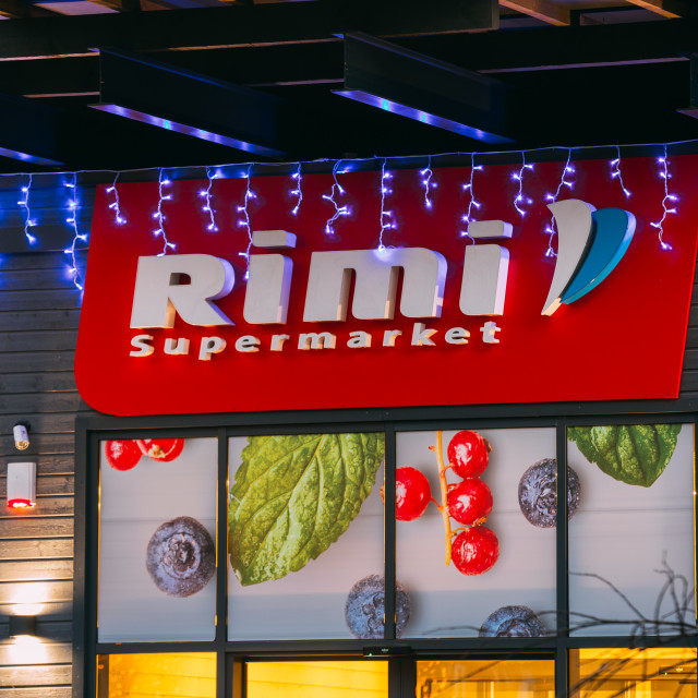 "Parnu, Estonia. Logo Logotype Sign Of Rimi Supermarket In Festive Evening..." stock image