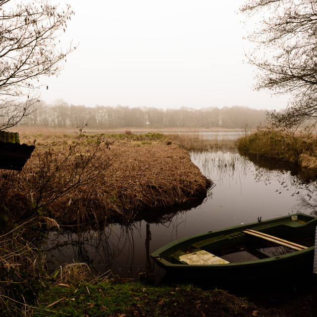 Rowing boat in Norfolk broads mooring I License, download or print