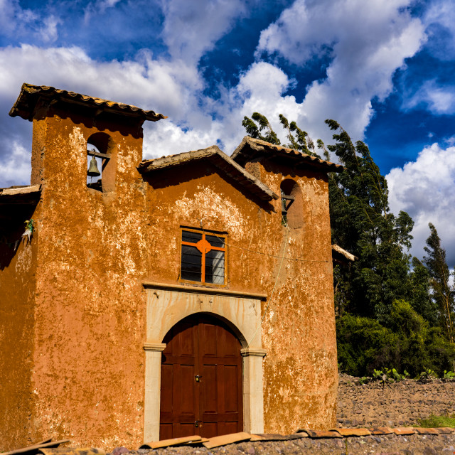 "Orange Hacienda house built in Spanish Colonial architecture in the sacred..." stock image
