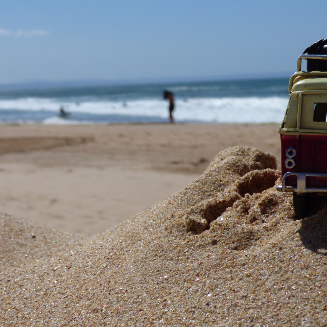 "vintage car on beach against clear sky" stock image