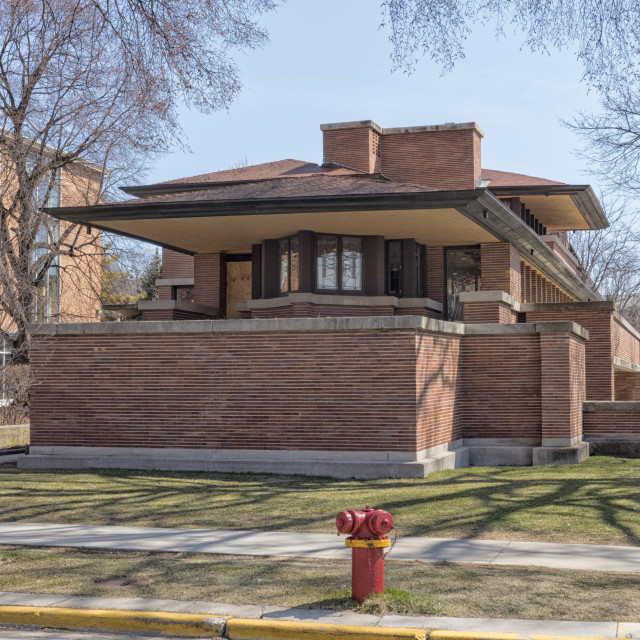 "CHICAGO, IL -APRIL 08,2018- Frederick C. Robie House, designed by American architect Frank Lloyd Wright and built in 1910" stock image