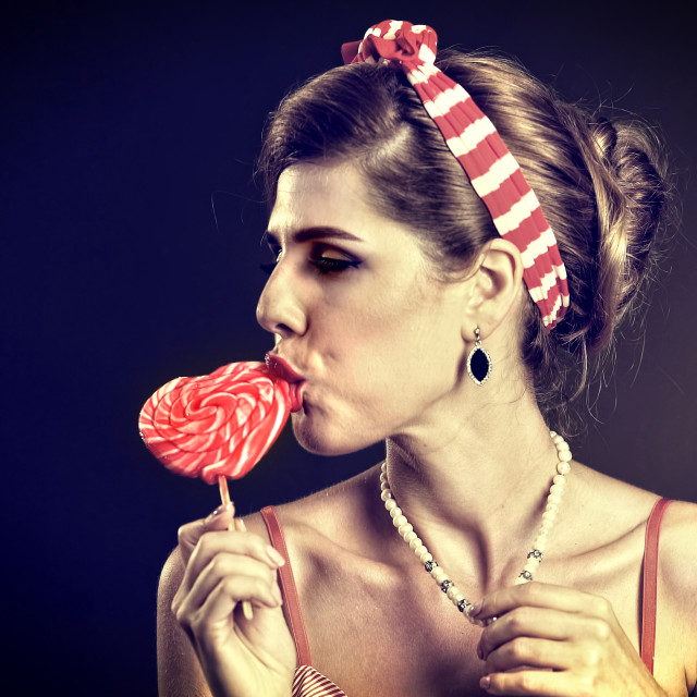 Woman Eating Lollipops Girl In Pin Up Style Hold Striped Candy License Download Or Print