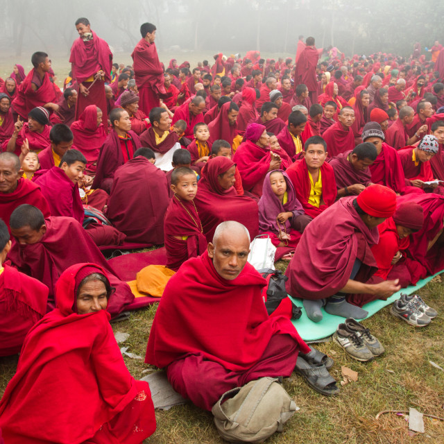 "Buddhist monks of the Great Sakya Monlam prayer meeting at Buddha's..." stock image