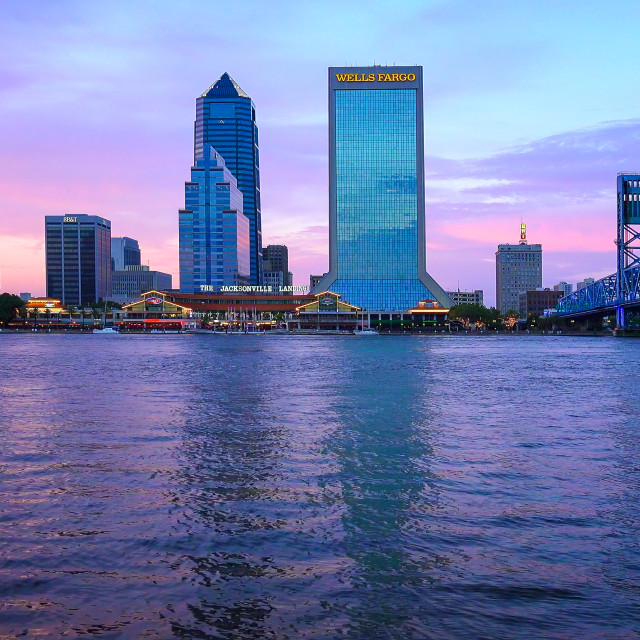 "Jacksonville, Florida City Skyline at Sunset Over the St. John's River" stock image