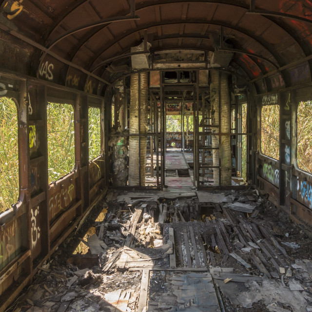 "Interior of abandoned wreck of an old train wagon, Spain." stock image