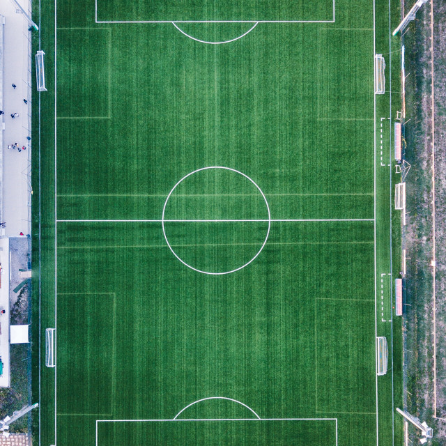 "Aerial view of real soccer pitch" stock image