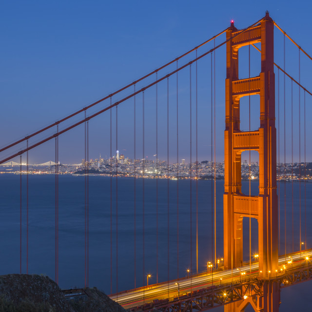 "View of Golden Gate Bridge from Golden Gate Bridge Vista Point at dusk, San..." stock image