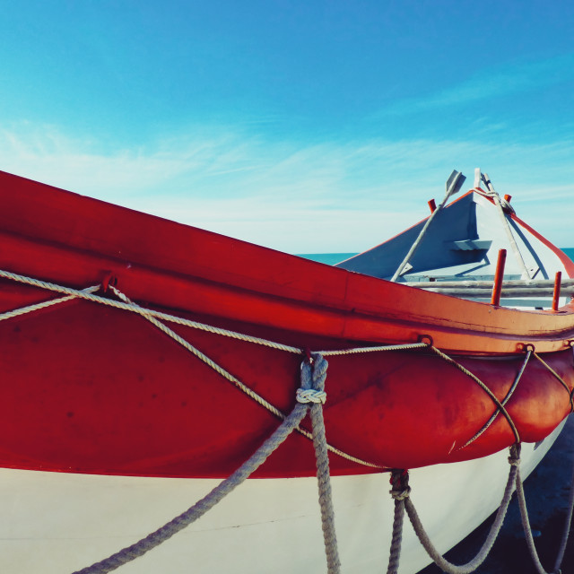 "Portuguese Traditional fishing boat, Nazaré" stock image