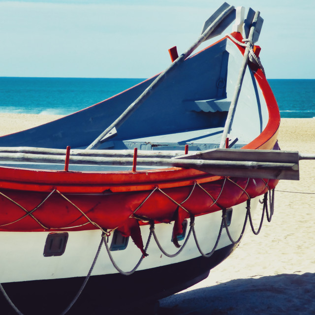 "Portuguese Traditional fishing boat, Nazaré" stock image