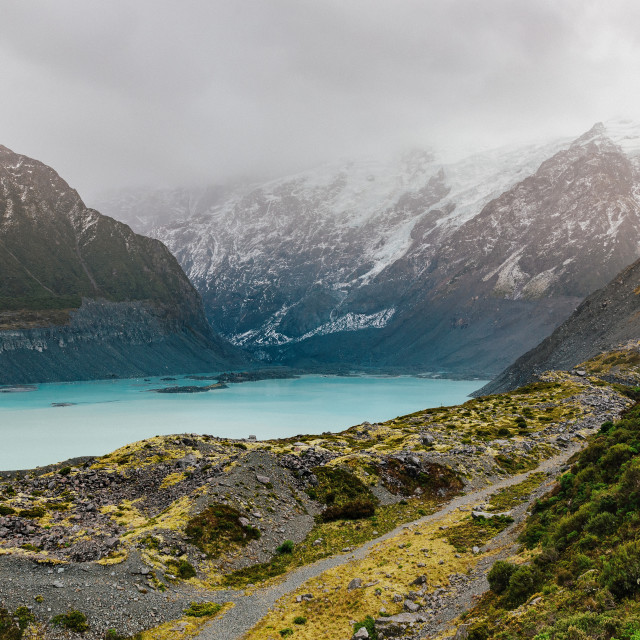 "Hooker Valley Track hiking trail, New Zealand." stock image