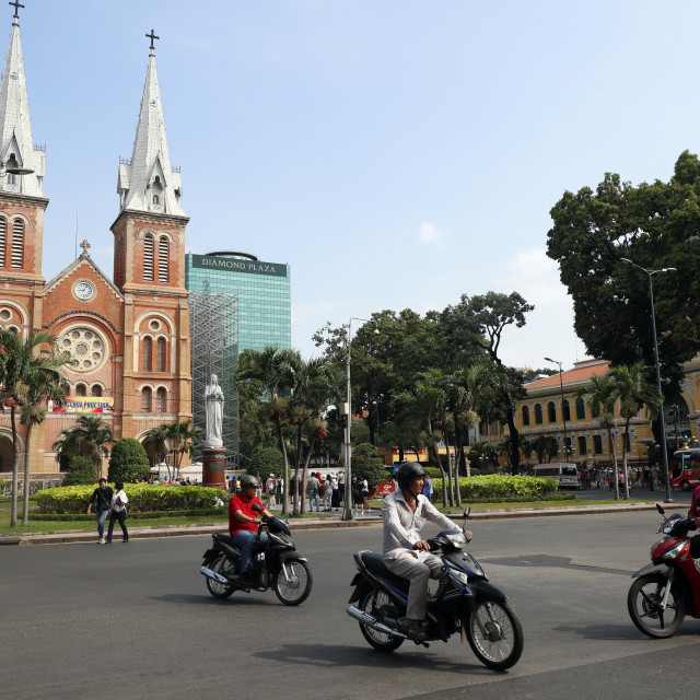 "Notre Dame Cathedral and Virgin Mary statue. District 1. Ho Chi Minh City...." stock image