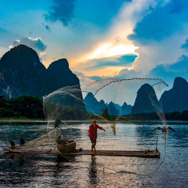 "Fisherman on the Li River, China" stock image