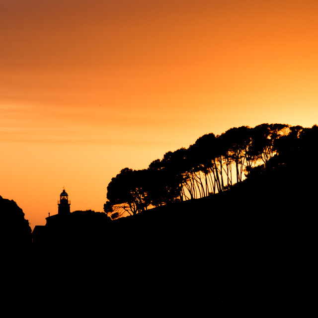 "Silhouette of port during sunset orange nautic skyline" stock image