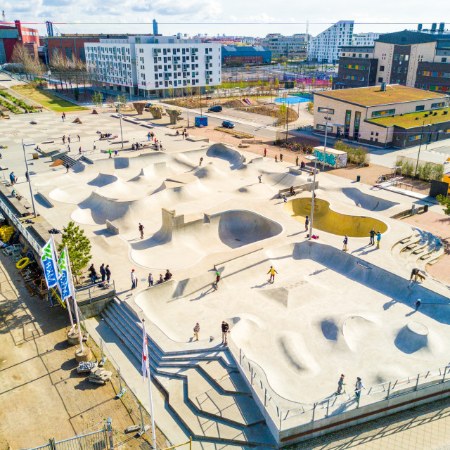 Aerial view of the skate park in Malmo, sweden. Largest skate park in