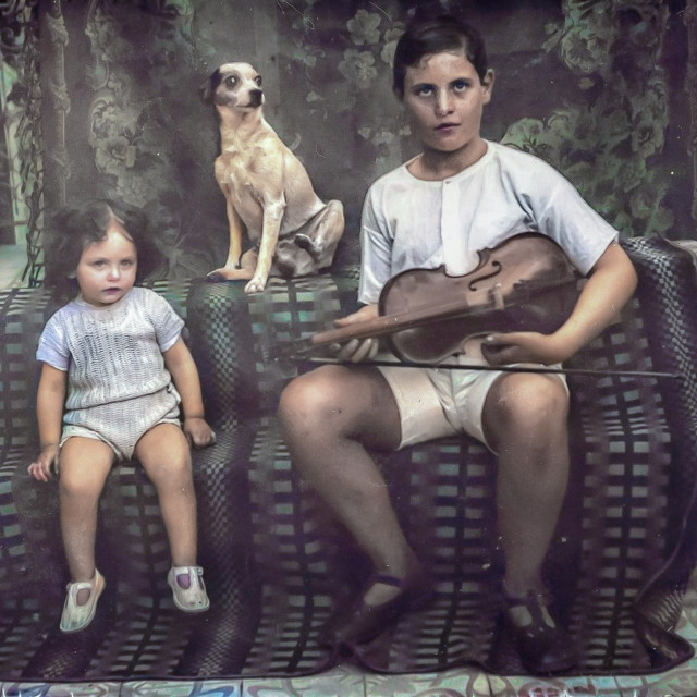 "VINTAGE PORTRAIT OF BOY, GIRL AND THEIR DOG, WITH VIOLIN" by JOHN MOUNT - $25.10 "VINTAGE PORTRAIT OF BOY, GIRL AND THEIR DOG, WITH VIOLIN" stock image