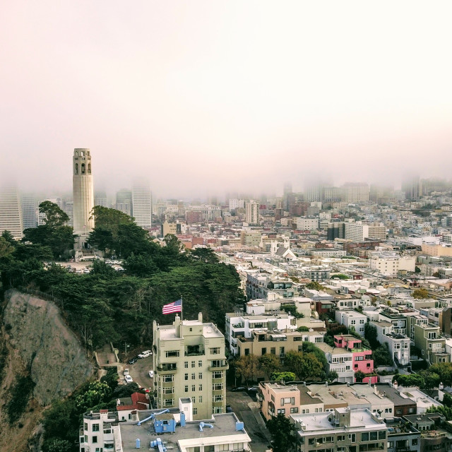 "Tower in the fog" stock image