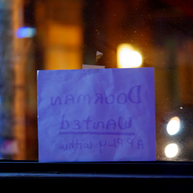 "Doorman Wanted sign in bar window" by JOHN MOUNT - $24.67 "Doorman Wanted sign in bar window" stock image