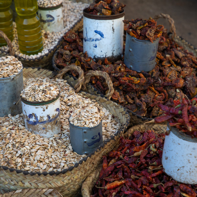 "Seeds and chillies for sale in the market, Kassala State, Kassala, Sudan" stock image