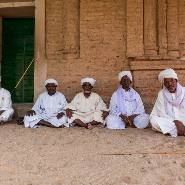 "Sufi men sit in Khatmiyah mosque, Kassala State, Kassala, Sudan" stock image
