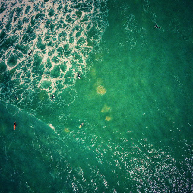 "Surfers on water eagle view" stock image