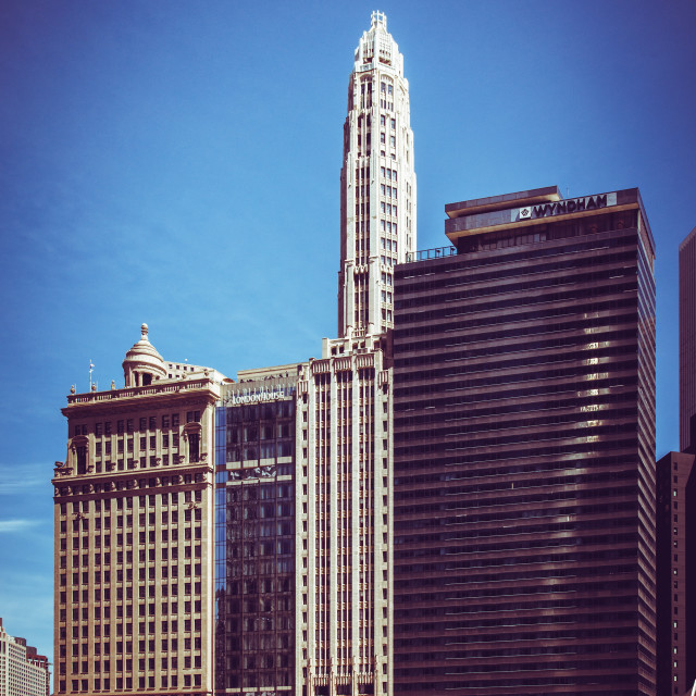 "Chicago, Illinois, USA, 20 May 2018. A stylised view of skyscrapers in Downtown Chicago, that were constructed during different periods and architectural styles, located on E. Wacker Drive." stock image