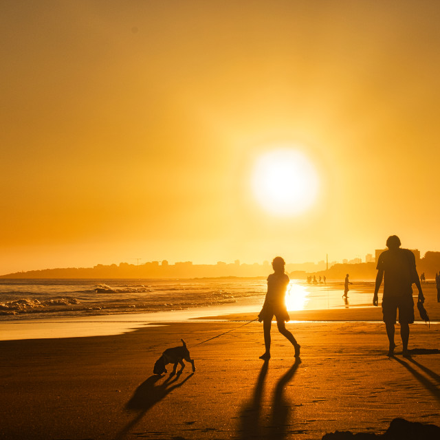 "Portugal Carcavelos Beach - People silhouettes at sunset on the beach in the golden hour" stock image