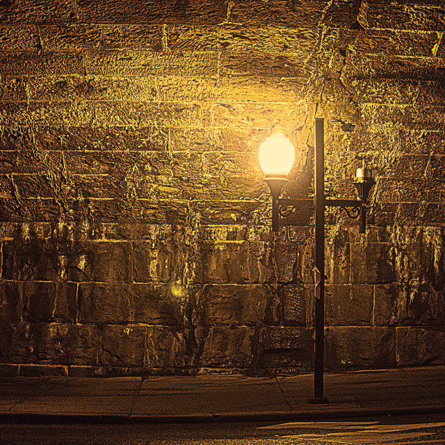 "Night in the City - Lamppost and Stone wall" by JOHN MOUNT - $24.67 "Night in the City - Lamppost and Stone wall" stock image