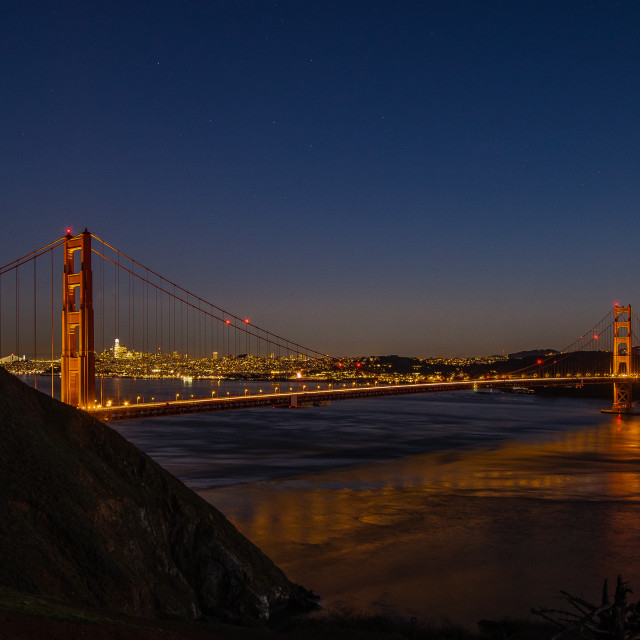 "Golden Gate Bridge Blue Hour" by Russell Waite Photography - $26.93 "Golden Gate Bridge Blue Hour" stock image
