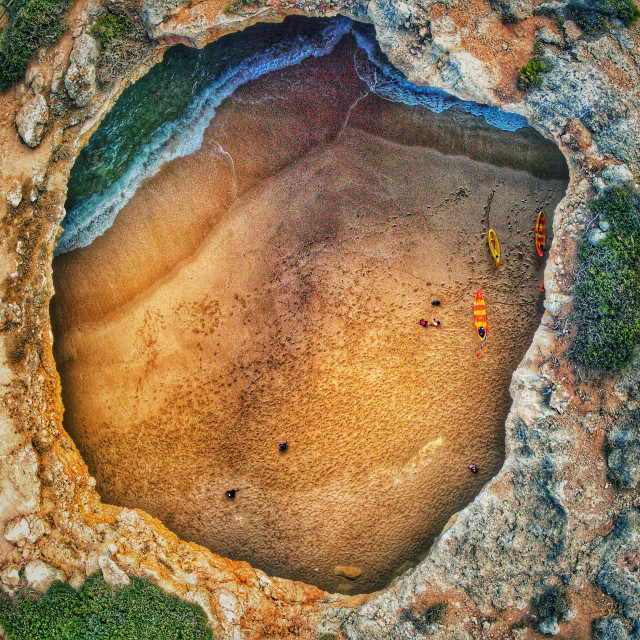 "Aerial view from above Benagil Sea Cave in Lagoa Algarve Portugal" stock image