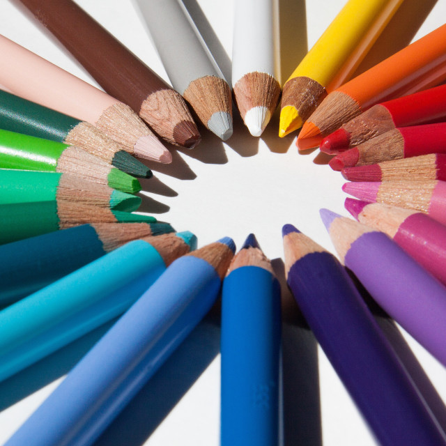 "color wheel with colored pencils" stock image